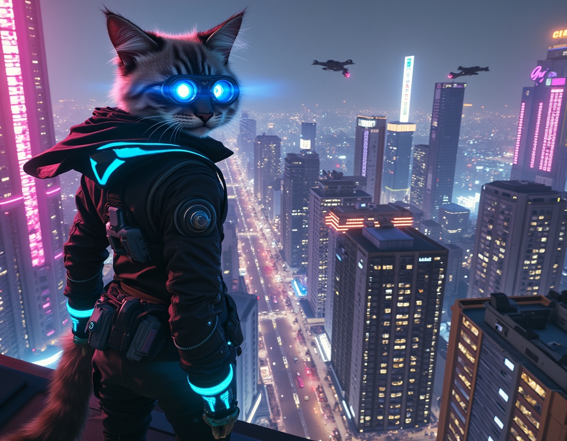 Cat stands on a futuristic skyscraper rooftop, wearing glowing cybernetic goggles. A neon-lit cityscape with flying cars and holograms stretches below.